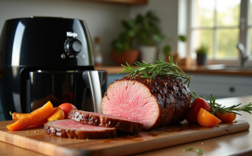 Comment préparer un rôti parfait avec l’air fryer Ninja Rôti de bœuf tranché sur planche en bois avec légumes et romarin