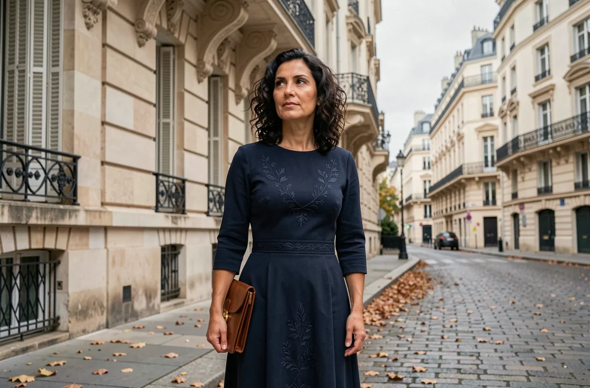 Femme d'origine arabe en robe marine devant une façade haussmannienne parisienne en automne, plan large urbain
