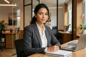 Femme professionnelle d'origine nord-africaine en blazer gris dans un bureau éditorial moderne, portrait trois quarts