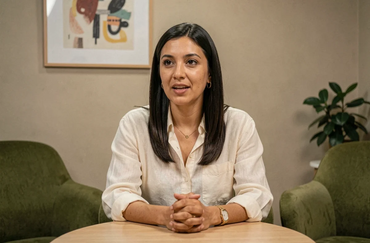 Femme d'origine algérienne en interview dans un salon de studio de télévision français, portrait centré intimiste