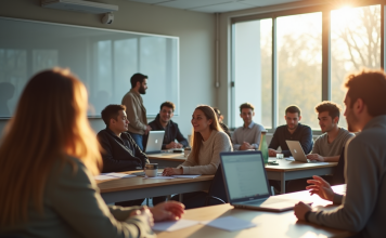 L’évolution de l’éducation avec iProf à Créteil : état des lieux et perspectives Salle de classe moderne à Créteil avec enseignants et élèves