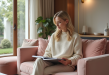 Salon intérieur avec femme détendue et décor pastel