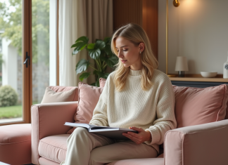 Salon intérieur avec femme détendue et décor pastel