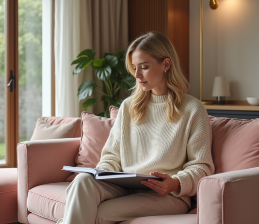 Salon intérieur avec femme détendue et décor pastel