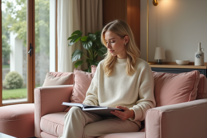 salon-dinterieur-doux-pastel Salon intérieur avec femme détendue et décor pastel