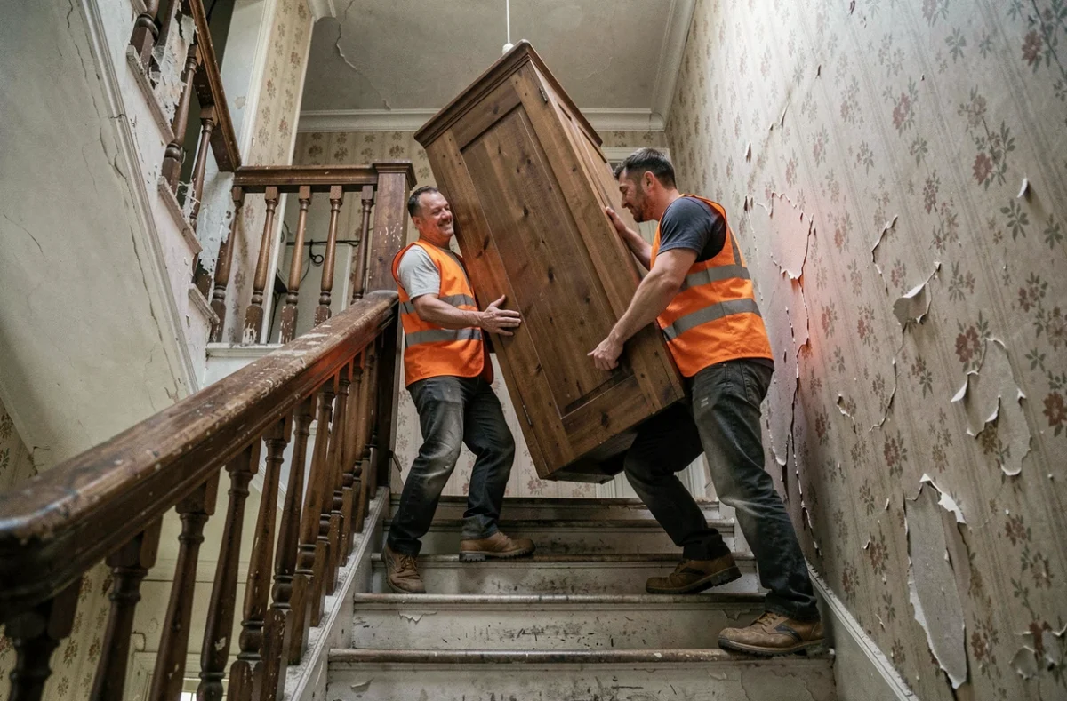 Équipe de Sarl Opération Débarras transportant une armoire dans un escalier