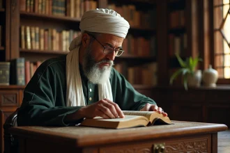 Savant musulman lisant un Quran dans un intérieur traditionnel