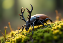 Scarabeu lucane sur sol de forêt en macro