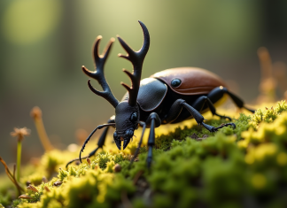 Lucanes cerf-volant : rencontre avec un insecte mystérieux Scarabeu lucane sur sol de forêt en macro