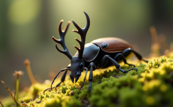 Scarabeu lucane sur sol de forêt en macro