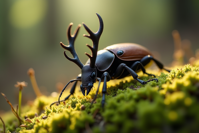 Scarabeu lucane sur sol de forêt en macro