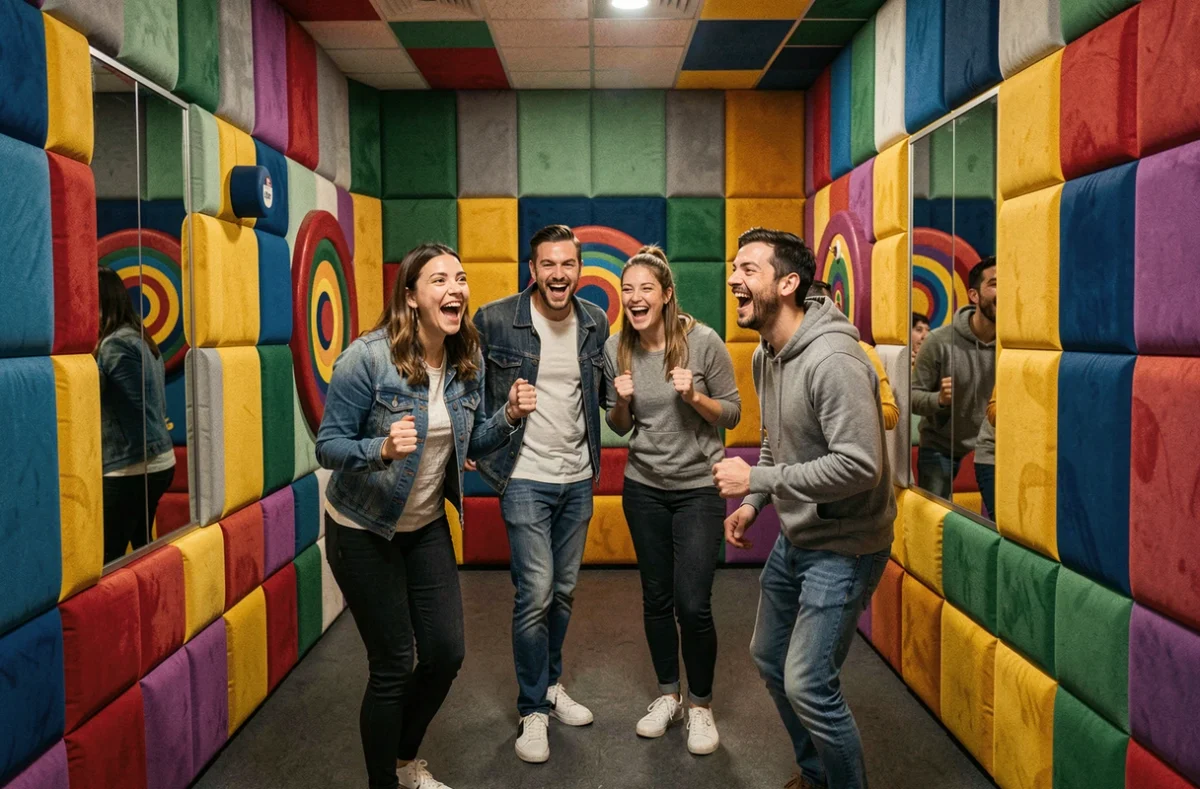 Groupe de joueurs adultes hilares et surpris lors d'une expérience sensorielle immersive dans la salle de Sensas à Poitiers