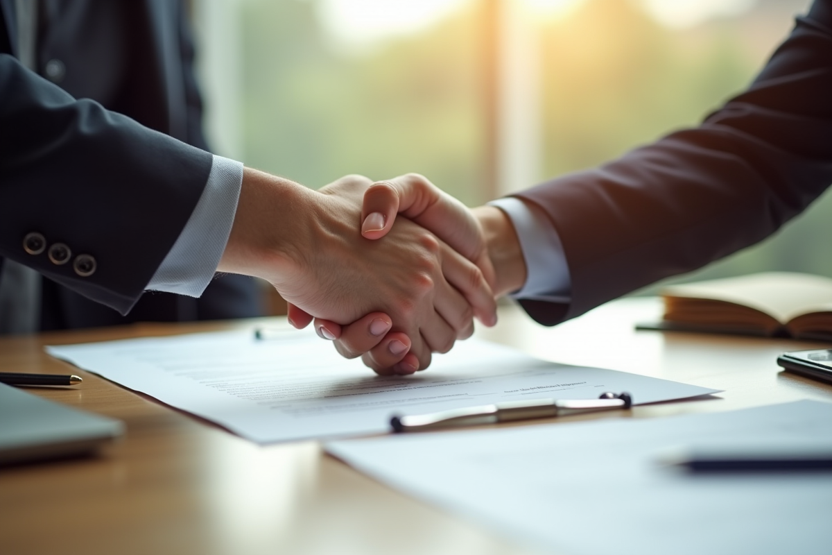 Deux personnes se serrant la main sur un contrat juridique sur une table