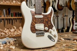 Stratocaster HSS avec micros Samarium Cobalt Noiseless en blanc Olympic posée contre un établi de luthier