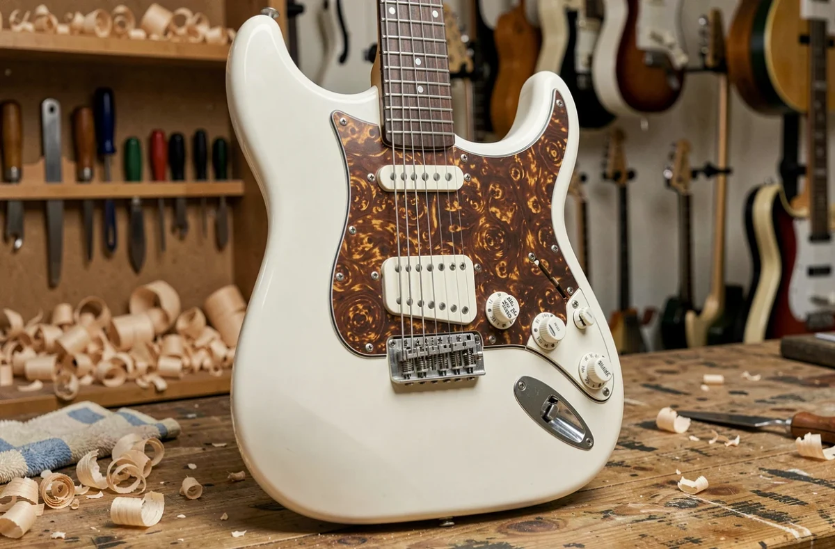 Stratocaster HSS avec micros Samarium Cobalt Noiseless en blanc Olympic posée contre un établi de luthier