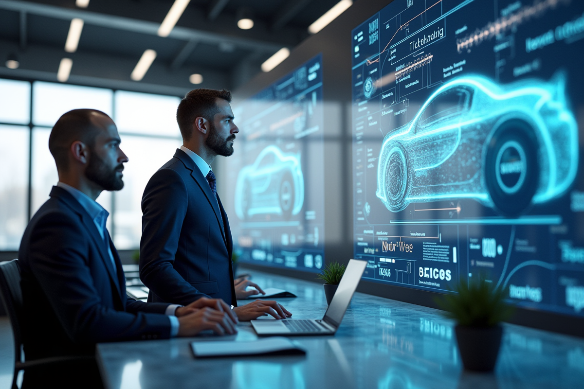 Ingénieurs travaillant sur prototypes holographiques en studio automobile