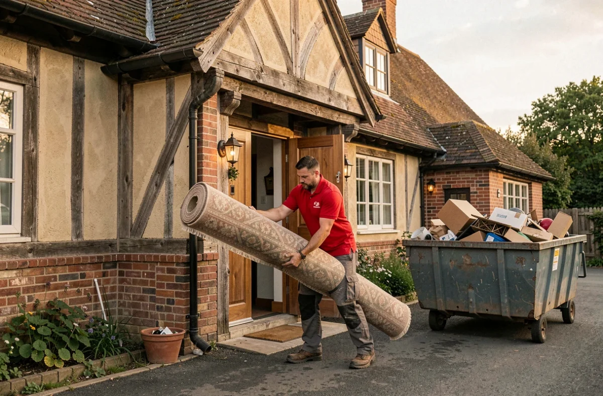 Agent de Super Débarras évacuant un tapis d'une maison normande traditionnelle
