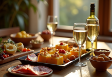 Table raclette avec fromage fondu et vin blanc