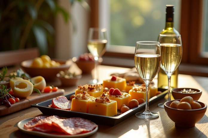 Table raclette avec fromage fondu et vin blanc