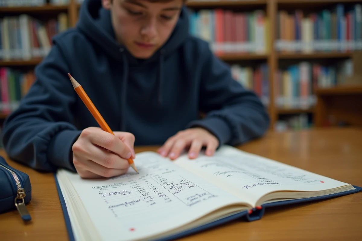 Étudiant prenant des notes de conversion pieds en centimètres dans un carnet à la bibliothèque scolaire