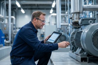 Technicien de maintenance industrielle inspectant un moteur électrique fiable dans une usine moderne
