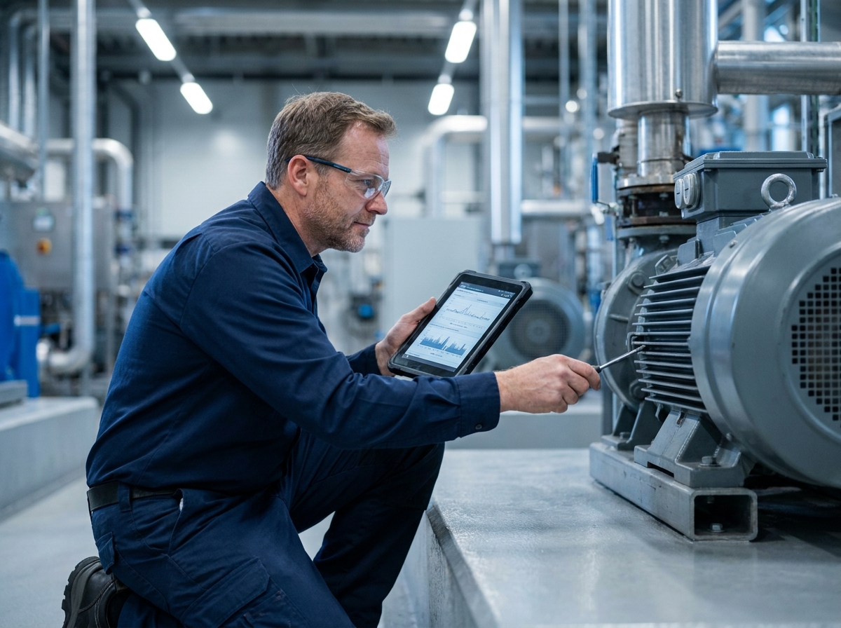 Technicien de maintenance industrielle inspectant un moteur électrique fiable dans une usine moderne