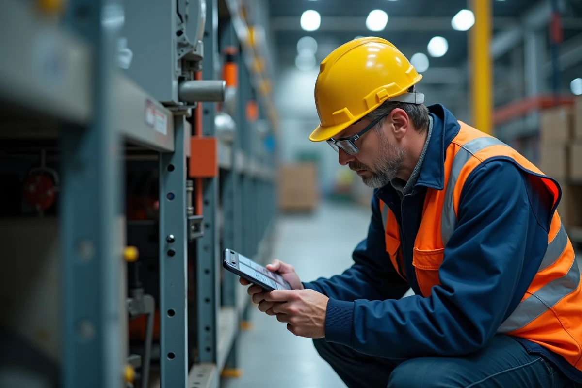Technicien sur le terrain consultant une liste de vérification numérique sur tablette dans une usine industrielle