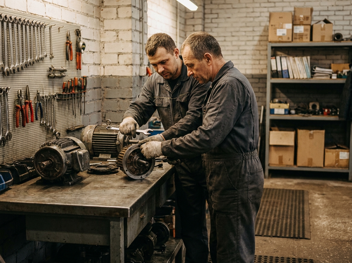 Deux techniciens collaborant sur le réassemblage d'un moteur industriel dans un atelier de maintenance