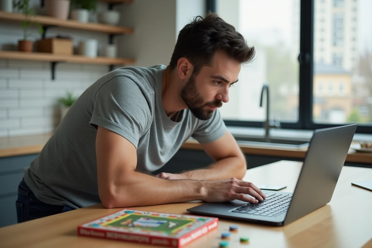 Homme consultant un site de téléchargement de jeux de société sur un ordinateur portable avec une boîte de Monopoly posée à côté