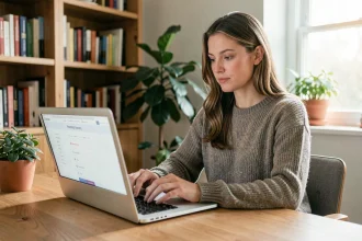 Femme réfléchissant à un test de personnalité archange sur un ordinateur portable dans un bureau à domicile moderne