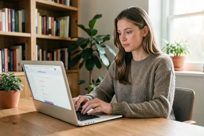 Femme réfléchissant à un test de personnalité archange sur un ordinateur portable dans un bureau à domicile moderne