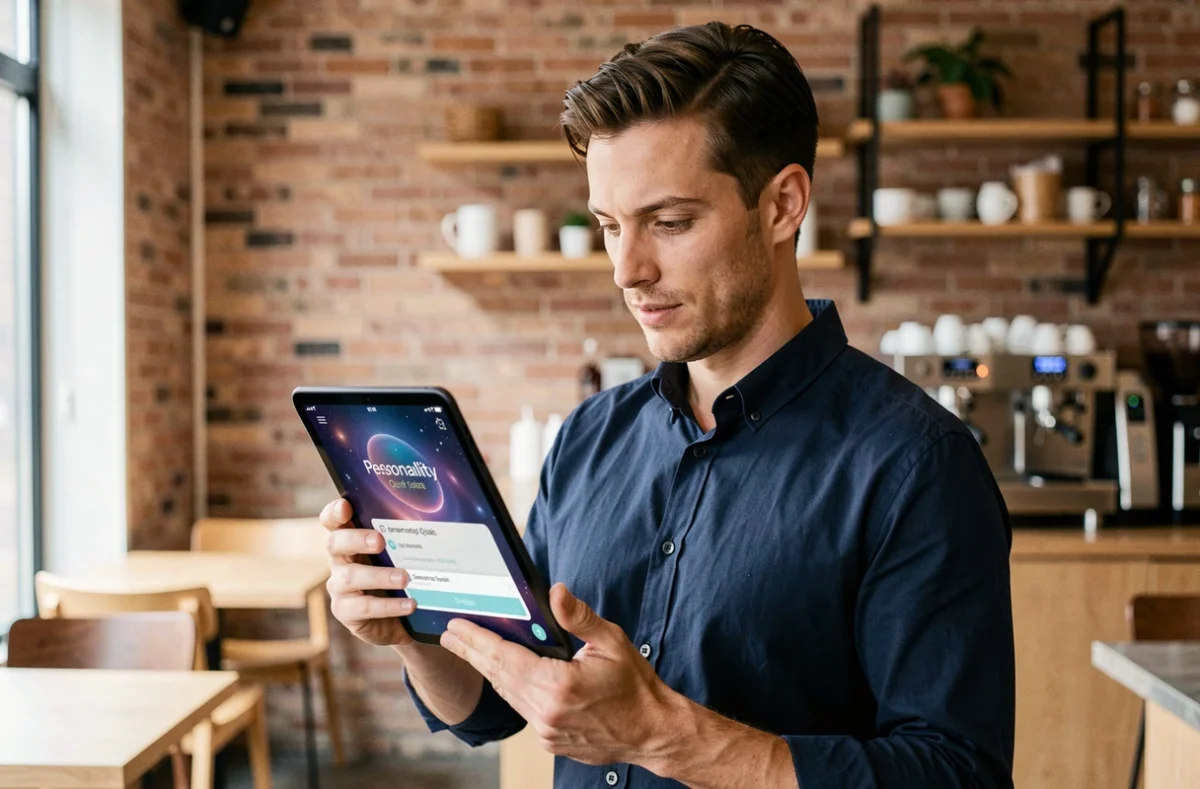 Homme consultant un quiz de personnalité archange sur une tablette dans un café urbain minimaliste