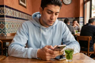 Jeune homme marocain utilisant un traducteur arabe-français sur WhatsApp dans un café de Casablanca