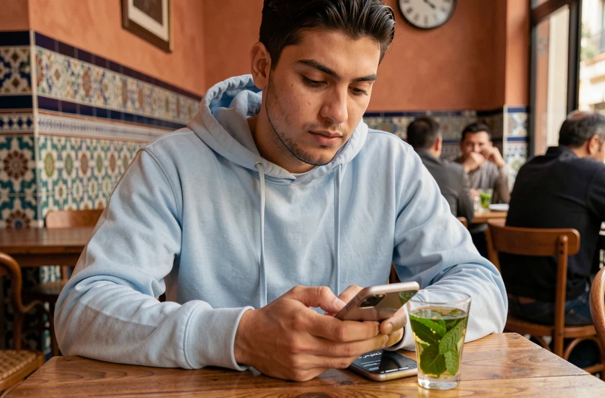 Jeune homme marocain utilisant un traducteur arabe-français sur WhatsApp dans un café de Casablanca