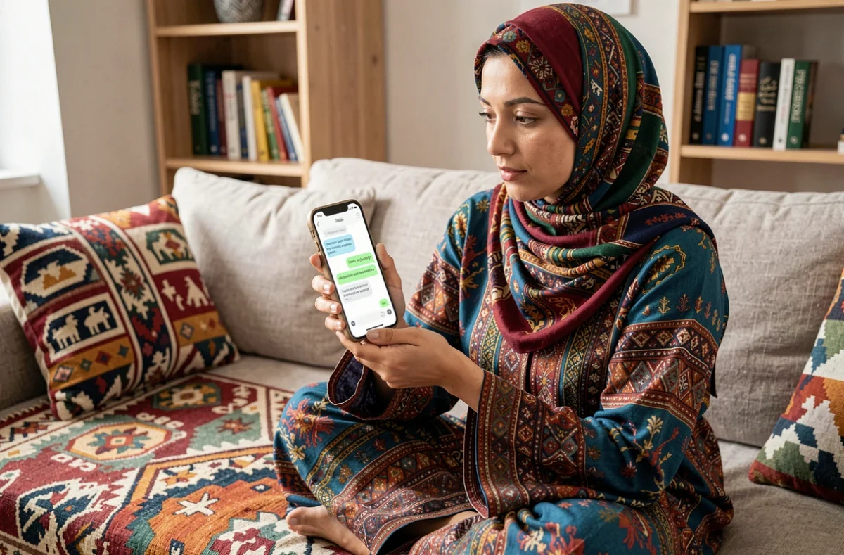 Femme marocaine utilisant une application de traduction Darija-français sur les réseaux sociaux depuis son salon