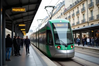 Tramway T3B à l'arrêt dans une station du nord-est de Paris avec des voyageurs sur le quai