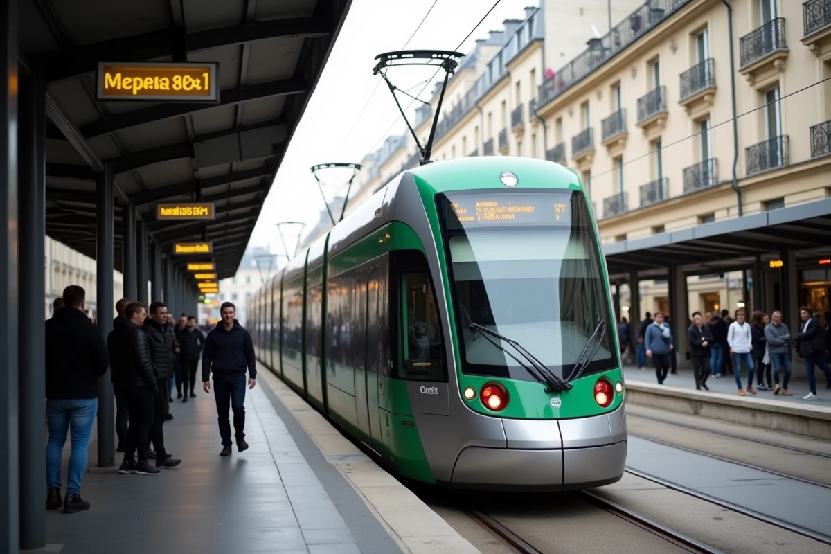 Tramway T3B à l'arrêt dans une station du nord-est de Paris avec des voyageurs sur le quai