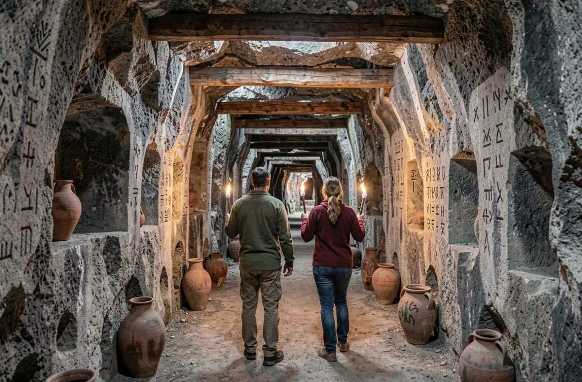 Deux adultes explorant un escape game en grotte troglodyte aux murs de calcaire gravés de symboles anciens chez Les Troglo du 8 à Jaunay-Marigny