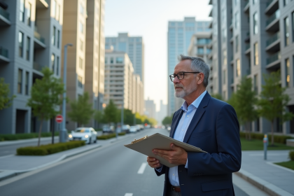 Urbaniste en ville moderne avec planche à la main