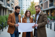 Groupe d'urbanistes examinant un plan de zonage en ville