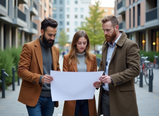 Zone urbaine PLU : définition, caractéristiques et usage en urbanisme Groupe d'urbanistes examinant un plan de zonage en ville