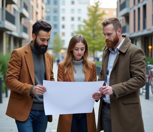 Groupe d'urbanistes examinant un plan de zonage en ville