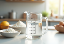 Verre mesureur rempli à 40 cl sur plan de travail blanc