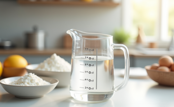 Astuces pour convertir 40 cl en grammes sans balance Verre mesureur rempli à 40 cl sur plan de travail blanc