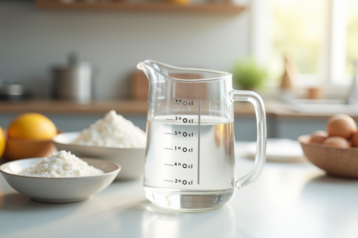 Verre mesureur rempli à 40 cl sur plan de travail blanc