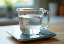 Verre mesureur d'eau de 250 ml sur balance numérique