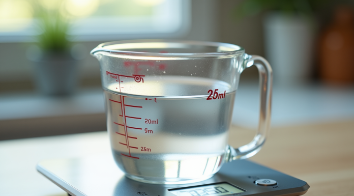Verre mesureur d'eau de 250 ml sur balance numérique