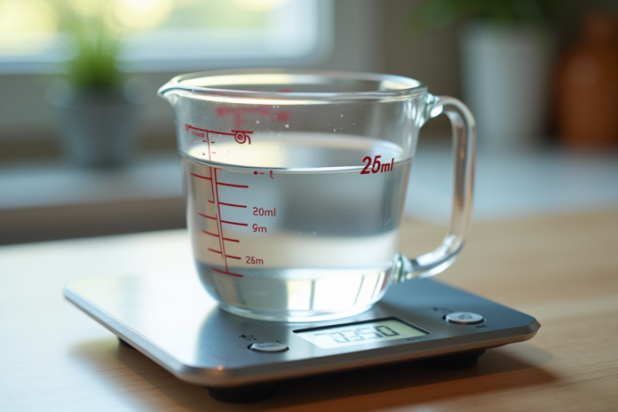 Verre mesureur d'eau de 250 ml sur balance numérique
