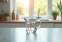 Verre mesureur d'eau de 400 ml sur plan de cuisine lumineux