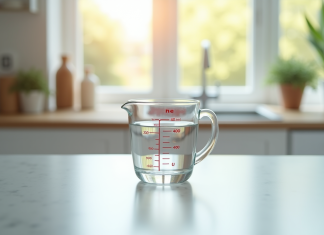 Verre mesureur d'eau de 400 ml sur plan de cuisine lumineux